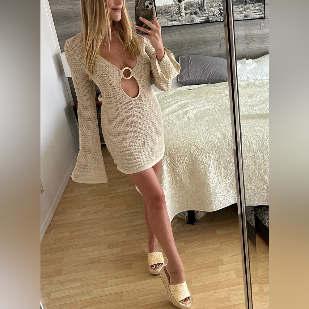Monday Swimwear Montego mini dress in champagne lurex lace crochet